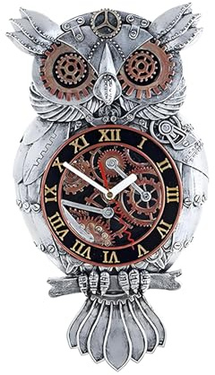 WRJAHCG Steampunk Eule Wanduhr,Eulen Pendeluhr Metall Imitat Kunstharz Wandschnitzerei,Eule Zahnräder Wanduhr Dekouhr Geräuschlos Batteriebetriebenes