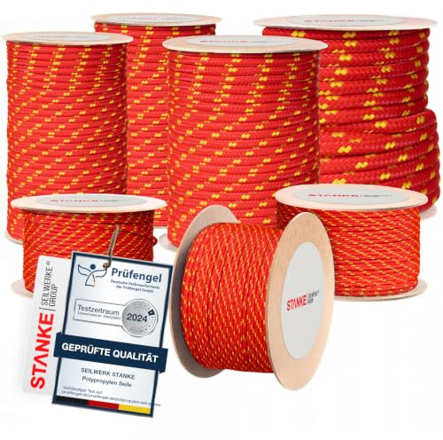 Seilwerk STANKE Polypropylenseil 5mm 25m Rot mit gelben Akzenten - Tomaten Schnur, Zeltleine, Campingleine - Wetterfeste Schnur für Drachen, UV-beständig - Outdoor Seil