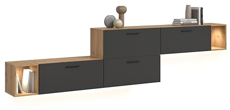 xonox.home – Wohnkombination inkl. Beleuchtung The One 276x97x34 cm in Artisan/Basalt – Breite Wand mit 4 Klappen & LED – 10 Fächer kombinieren rustikale Eiche mit modernen Lichteffekten