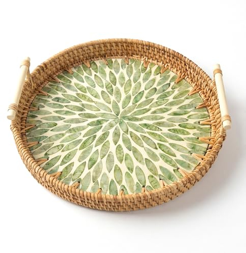 Green Round Rattan Serving Tray 28cm with Handles, Wicker Basket Tray with Mother of Pearl Inlay, Boho Decorative Fruit Tea Table Trays, Farmhouse & Home Dining Decor for Round Dining Table Tray