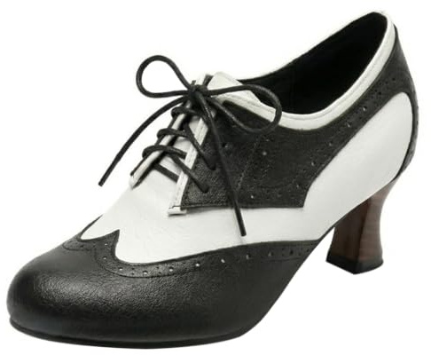 Gicoiz Cordones Oxford Mujer Mini Tacón Brogue Zapatos de Vestir Punta Rojoonda Oficina Comodo Professional Low Zapatos Pumps Retro Negro Talla 44 EU-46Cn