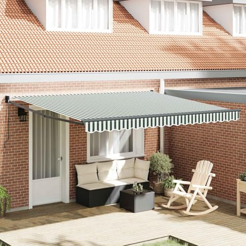 Tenda da sole retrattile con braccio articolato, verde, bianco, 400 x 300 cm, tenda manuale in poliestere e alluminio, per giardino, terrazza