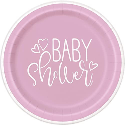 Unique Pink Hearts Baby Shower Dessert Plates (17cm) - Charming Pink Design - Perfect for Celebrations - 8ct