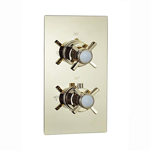 ENKI, Edwardian, TSV057, Concealed Thermostatic Twin Diverter Shower Mixer Valve with Two Outlets, Cross Handles, Traditional Bathrooms, Constant Temperature, Gold