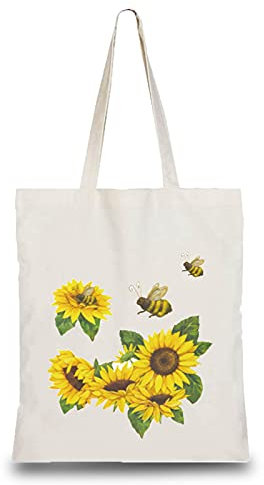 CREATCABIN Cotton Canvas Tote Bag Sunflower Bee Bags Women Grocery Funny Handbags Reusable Eco-Friendly DIY Craft Multi-Function Pouches for Crafts Travel School Shopping Groceries 13.3x15 inch