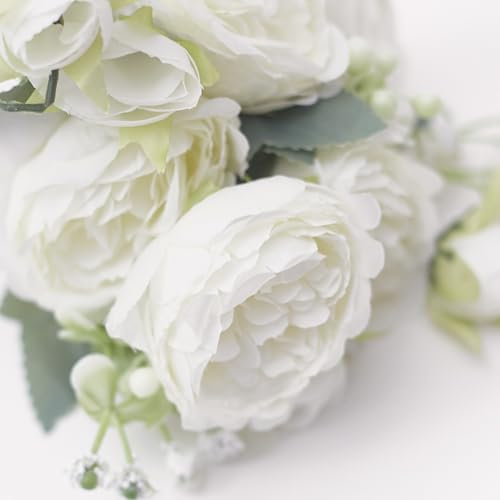The Baked Studio - Silk Peony and Tea Rose Artificial Bouquet 9 Heads Realistic Fake Plant for DIY Craft Cake Living Room Home Wedding Decoration (PRETTY WHITE)