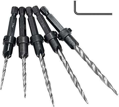 Saipor 5pcs Wood Tapered Countersink Drill Bit Set Hex Shank Screw Drill Counter Sink Bit 7/64, 9/64,11/64, 3/16, 7/32 Adjustable Drilling Tool Kit on Pilot Counter Sinker Hole for Woodworking