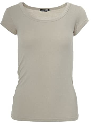 Easy Young Fashion - Damen Basic Rundhals T-Shirt - Kurzarm Unterziehshirt Skinny Fit 1001 - Taupe L