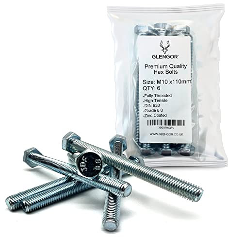 Glengor Lot de 6 boulons hexagonaux de qualité supérieure M10 x 110 mm | Vis filetées en zinc 8,8