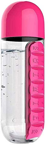 2-in-1 Pillendose für den Außenbereich, tragbare Wasserflasche mit Medikamentenbox 600 ml für 7-Tage-Planung Pillendose für Camping Fitnessstudio Schule Büro Reisen (Pink)