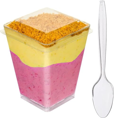 DLux Dessert Cups with Lids and Spoons, 160 ml 100 Pcs - Clear Plastic Parfait Appetizer Cups, Square Large Reusable Shot Glass Bowl for Party Desserts Appetizers - with Recipe Ebook