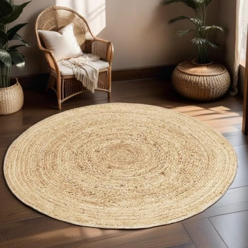 Marrakesch Jute Teppich rund Ø 100 cm Natur handgeflochten | Boho runder Juteteppich für Wohnzimmer oder schlaffzimmer Abril Beige Hell