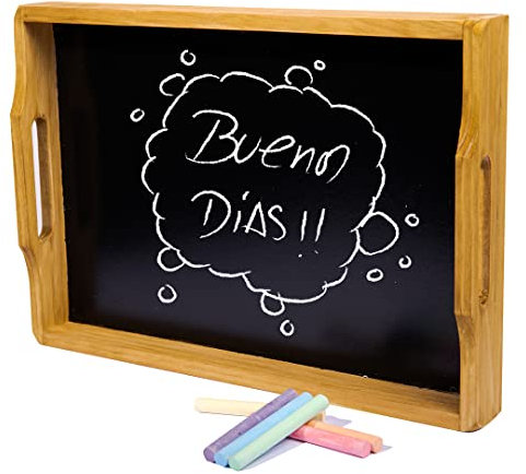 Bandeja de madera personalizada, Compra Solidaria, Incluye un paquete de tizas de colores, Bandejas rústicas con superficie de pizarra, Desayunos con mensaje (Pino)