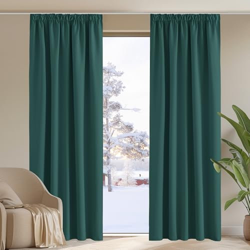 PONY DANCE Dunkelgrüne Gardinen Blickdicht Kräuselband 2er Set H 245 x B 140 cm Wohnzimmer Vorhänge Abdunkelnd Thermovorhang Hitzeschutz Verdunklungsvorhänge für Schienen