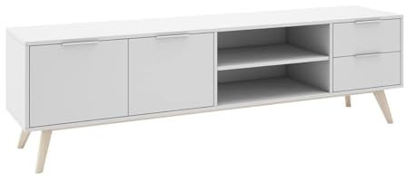 AltoBuy BLAJK - Meuble TV 180cm 2 Portes 2 Tiroirs Scandinave MDF et Pin Massif Naturel et Blanc
