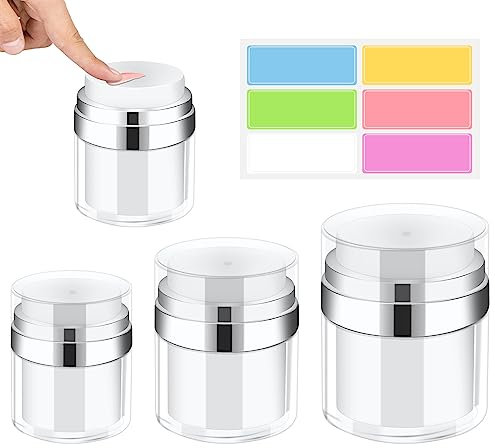 Airless Pumpspender, 3 Stück Airless Pumpe Tiegel Creme Spender Vakuumflasch mit 1 Bogen 6-farbige Aufkleber, Nachfüllbare Tragbare Pump Behälte für Reisen(15ml + 30ml + 50ml)
