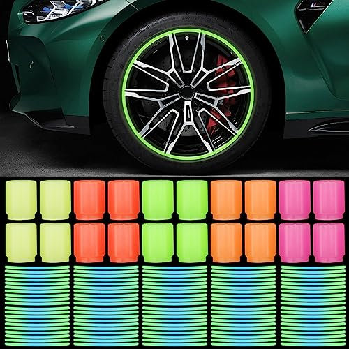 Zeuwets 20 Stück Ventilkappen Auto Leuchtende, 100 Stück Reflektierende Aufkleber, Universelle Fluoreszierende Autoreifen Ventilkappen, Reifen Ventilschaftabdeckung, Stem Cap für Fahrrad Motorrad Auto