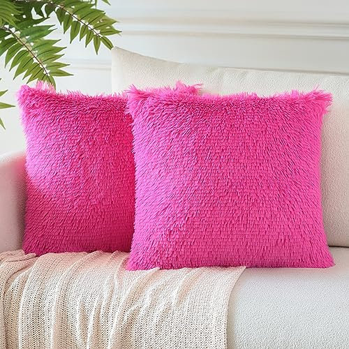JOTOM 2er Set Kissenbezüge Künstlich Pelz Sofakissen Dekorative Dekokissen Plüschkissen Kuschelig Flauschig Kissenbezug für Sofa 45x45cm Rose Rot