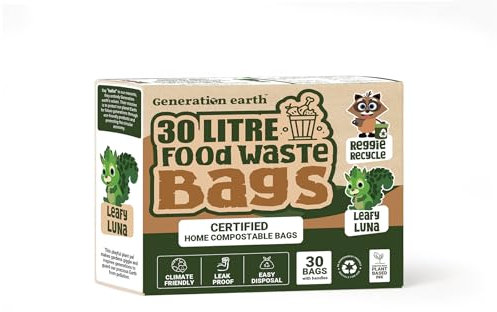 Generation earth | 30pcs - 30L Bags - Tie Handle - Home Compostable - Food Waste Bags - Bin Bags - Extra Strong Kitchen Caddy Bin Liners
