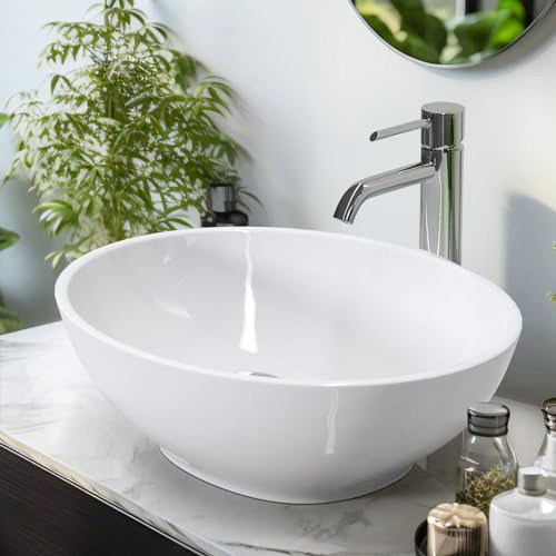 EMKE Lavabo Ovale salle de bain, 400 x 330 x 145 mm, Vasque à Poser en céramique, Blanc brillant
