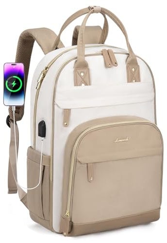 LOVEVOOK Backpack Womens, Waterproof 15.6 inch Laptop Rucksack Bag for Women with Anti-theft Zipper & USB Port, Large Ladies Backpacks Cabin Back Pack Womans for Travel Work School College,Beige