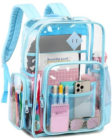 ASKSKY Clear Backpack Heavy Duty Fits 16 inch Laptop PVC See Through Bookbag, Light Blue, Regular, Classic