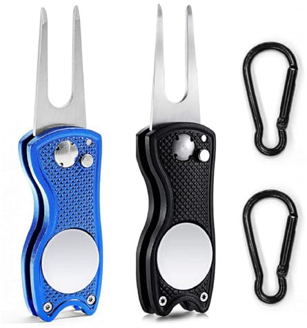 Golf Reparatur Pitchgabel,Golf Pitchgabel,Switchblade,Golf Zubehör,Pitchgabel Golf,2PC Klappbare Pitch Gabel mit Karabiner zum Ausbessern von Divot's auf Dem für Golf Club-Sport(Schwarz,Blau)