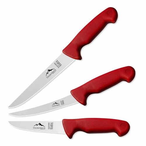 HESTENBERG Solingen Germany 3-Teiliges Profi Metzgermesser Set 1910, geeignet als Schlachtmesser & Fleischmesser (Rot)