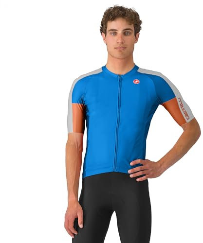 CASTELLI Men’s Entrata 6 Jersey, UPF Sun Protection, Quarter Length Sleeve Jersey for Road Cycling & Gravel Biking & Racing, Azzurro Italia/Silver Gray/Mocha, Medium