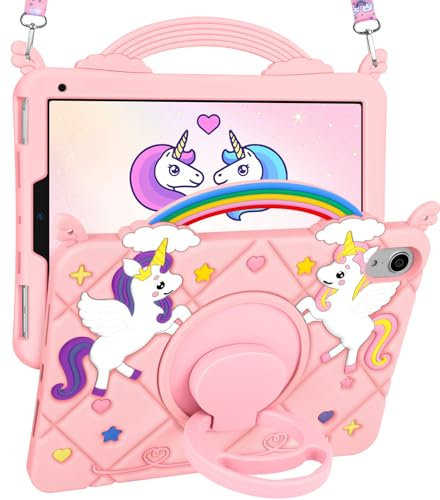 Uppuppy for iPad Mini 7 A17 Pro 2024/Mini 6 2021 Case 8.3 Inch - Cute Girls Kawaii Girly 3D Cartoon Teen Case with Rotating Stand & Strap Soft Silicone PK Unicorn Case for iPad Mini 7th/6th Gen Funda