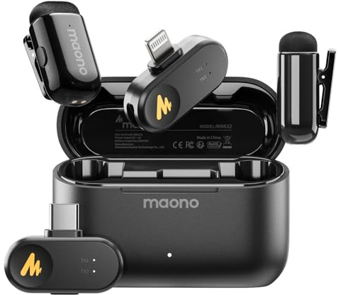 MAONO Wave T1 Mini Microfono Lavalier Wireless per iPhone, Android, Tablet, PC, Cancellazione Rumore, Filtro AI, 30 Ore con Custodia di Ricarica per Video, TikTok, YouTube