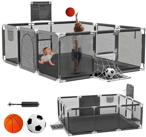 Laufstall Babys,182 Cm*122 Cm,Mit Atmungsaktivem Netz,Laufstall Babys Faltbar,Laufgitter Babys,Mit Baskeeball & Football Hoop,Standringen,Nicht-Schlupf-Basi,Babys Playpen Für Babys Und Kleinkinder