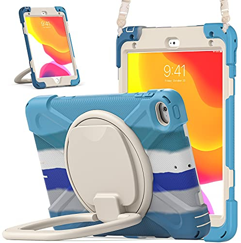 Compatible avec iPad mini 4/Mini 5 7,9 (2015/2019), coque robuste en TPU résistant aux chocs pour enfants, poignée rotative à 360 degrés, support robuste, béquille + bandoulière. Bleu coloré