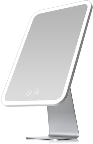 NEZZOE Light Up Mirror with Metal Stand, 2000mAh Battery, 30x18 cm | Rechargeable Makeup Mirror with Led Lights, 3 Colors and Brightness Adjustable