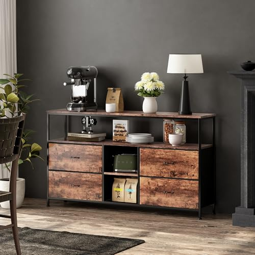 Mueble para TV con iluminación LED, soporte para TV con 4 cajones y compartimentos abiertos, consola multimedia para TV, aparador bajo para TV para sala de estar, dormitorio (Rayas de tigre-137cm-A)