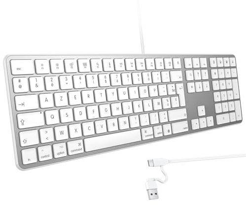 OMOTON Tastiera cablata per Mac AZERTY francese, argento | cavo con doppia porta (USB A/C), tastierino numerico, compatibile con Apple Mac Pro/Mini, MacBook Air/Neo, iMac Pro