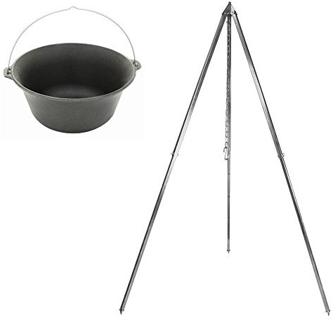 Grillplanet Feuertopf Schmortopf Topf aus Gusseisen 16 L mit Kessel Dreibein 2,10 m massiv