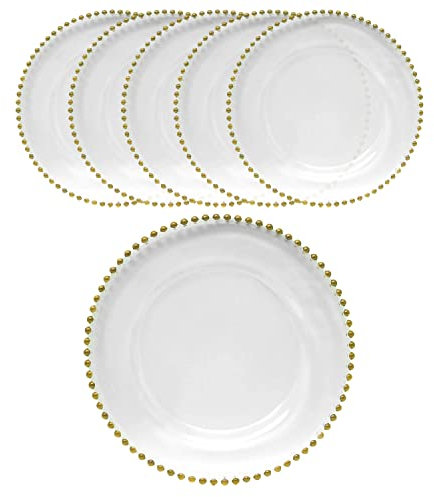 WedDecor Round Charger Plates Centerpiece Clear Glass with Beads Presentation Plate Set Dinner Table Decorations Weddings Banquets Christmas Dining Parties Tableware, 33cm, 6pcs