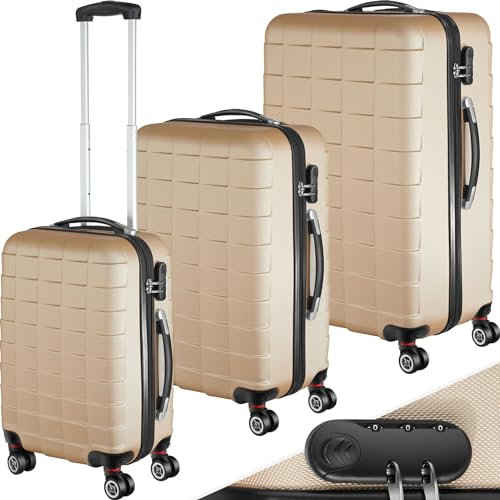 tectake® Reisekoffer Set, Hartschalen Koffer Set 3-teilig, Koffer & Trolleys groß, M - XL, 360° Rollen, Business Trolley für Flugzeug, Reise, Teleskopgriff, ineinander stapelbar - Champagner
