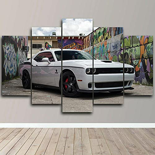 3D Leinwandbilder 5 Teile XXL Vlies Leinwand Bilder Dekoration Challenger Hellcat SRT Auto Bild Auf Leinwand 5Tlg Bilder Mehrteilig Zum Aufhängen Mit Rahmen