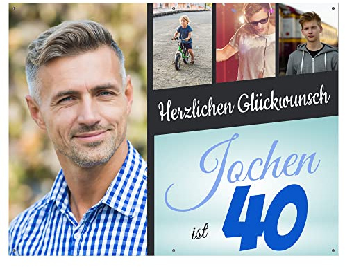 Personalisierbarer Geburtstagsbanner von FolienArbeiter – Wetterfestes PVC, für Innen- und Außen, mit Foto, Name, Alter, individuellem Wunschtext – 100x130 cm – Ideal für Jubiläen & Feiern
