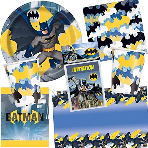 Kit de fête 101 pièces « Batman » pour anniversaire d'enfant avec 8 enfants : assiettes, gobelets, serviettes, invitations, nappe, pailles, serpents, ballons | Décoration de fête pour enfants