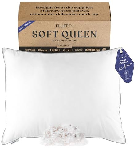 FluffCo Zen Daunenkissen, Füllstärke 150 mm/30 g, weiße Entendaunen, Bauchschläferkissen, luxuriöse Hotelqualität, Fadenzahl 300, 100 % Baumwolle, Federkissen, weich, Standard/Queensize-Größe, 1 Stück