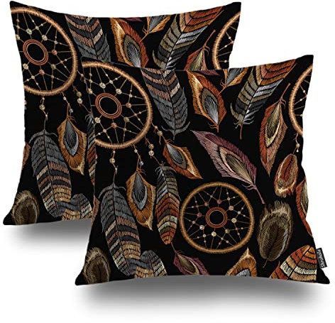 Shrahala Black Boho Embroidery Decorative Throw Pillow Cover, Dream Catcher Square Pillowcase Blended Double-Sided No Inserts for Bedroom Living Room Set of 2 (16 x 16 in)