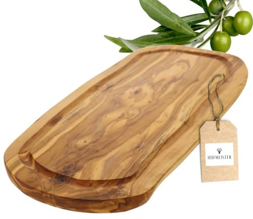 HOFMEISTER® Schneidebrett Saftrille Olivenholz - praktisches Frühstücksbrett mit Griffmulde und Rille aus Olive mit typischer Maserung, Frühstücksbrettchen, Naturschnitt, 30 cm Länge