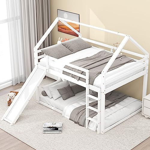 Idemon Doppelbett Kinderbett Hausbett Etagenbett mit Rutsche und Leiter, Kinderzimmer Hoch-Doppel-Stockbett, 140x200cm (Weiß)