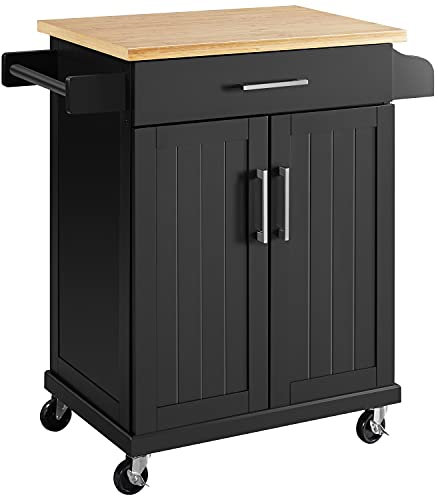 Yaheetech Carrello da Cucina con Ruote Cassetto a 2 Ante Piano di Lavoro Carrellino Salvaspazio con Portasciugamani e Portaspezie Moderno Porta Microonde 91,5 x 66 x 45,5 cm Nero