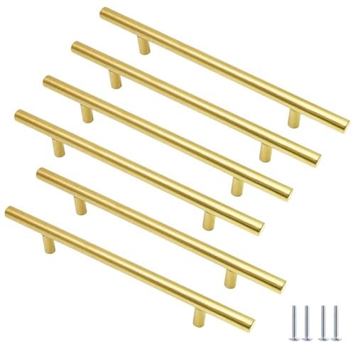 Cjueiom 6 Pack Gold Cupboard Handles 128mm Hole Center T Bar Handles, Stainless Steel Drawer Handles Long Wardrobe Door Handles Pulls, 200mm Length Kitchen Cabinet Handles for Bedroom Drawer