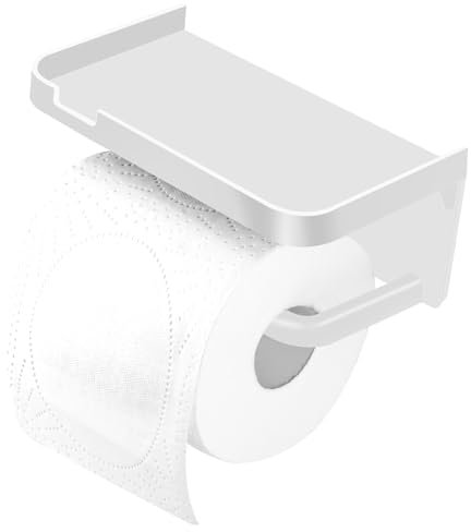 Keilend Toilet Roll Holder Wall Mounted, Self Adhesive Toilet Paper Holder with Storage Shelf, Waterproof ABS Stick on Toilet Roll Holder for Bathroom|Kitchen - White
