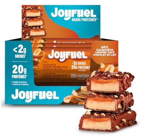 JOYFUEL Barre Protéinée - Goûts Chocolat au Lait, Cacahuètes & Caramel - <2g de sucre - 20g de protéines - 12 barres X 55g